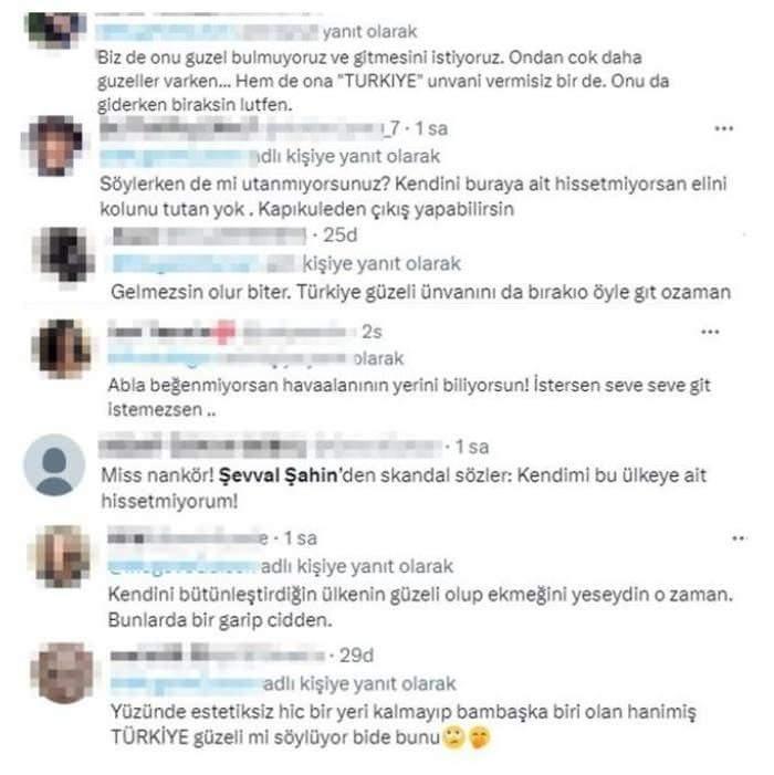 <p><span style="color:#800000"><strong>Türkiye'de uzun süre kalamadığını söyleyen Şevval Şahin, "Türkiye'de 3 ay fazla kaldığımda bana bir daralma geliyor. İstanbul'da kendimi hep turist olarak hissediyorum. Kendimi bu ülkeye ait hissetmiyorum" dedi.</strong></span></p>
<p><span style="color:#800000"><strong>Şahin'in sözleri tepki topladı. Sosyal medya kullanıcıları "Söylerken utanmıyor musun?" ve "Türkiye Güzeli unvanını bırakıp git" gibi yorumlarda bulundu.</strong></span></p>