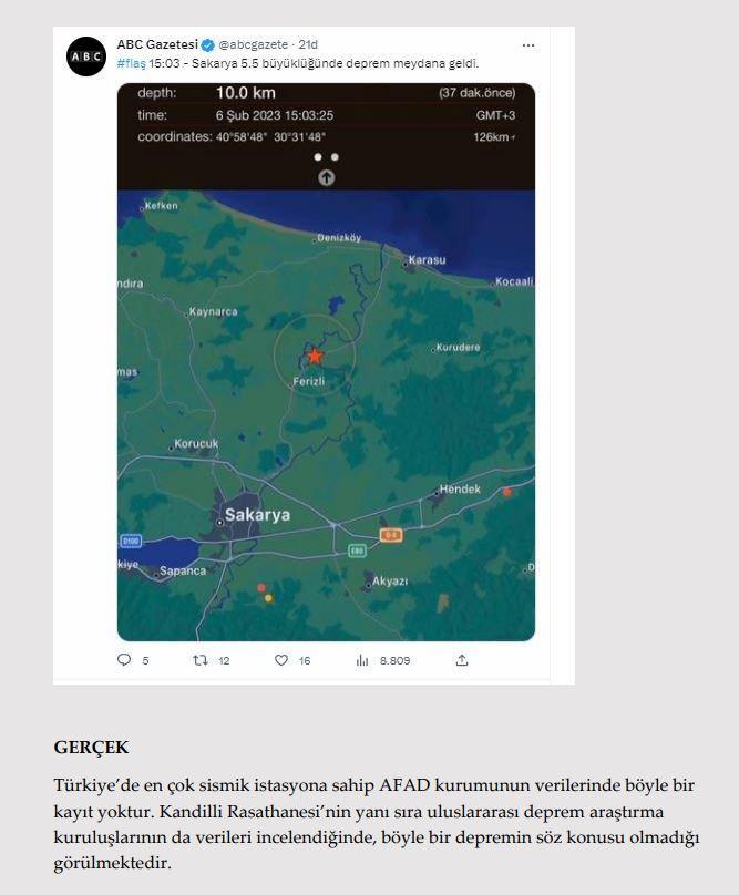 <p><strong>Sakarya’da 5.5 büyüklüğünde bir deprem meydana geldi.</strong></p>

<p><strong>GERÇEK</strong> Türkiye’de en çok sismik istasyona sahip AFAD kurumunun verilerinde böyle bir<br />
kayıt yoktur. Kandilli Rasathanesi’nin yanı sıra uluslararası deprem araştırma<br />
kuruluşlarının da verileri incelendiğinde, böyle bir depremin söz konusu olmadığı<br />
görülmektedir.</p>

<p> </p>
