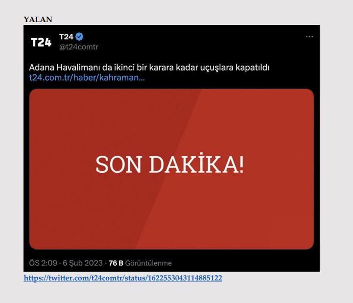 <p><strong>Adana Havalimanı ikinci bir karara kadar uçuşları kapatıldı.</strong></p>

<p><strong>GERÇEK</strong> Ulaştırma ve Altyapı Bakanlığı, Adana Havalimanı’nın hava trafiğine açık olduğunu açıkladı.</p>

<p> </p>
