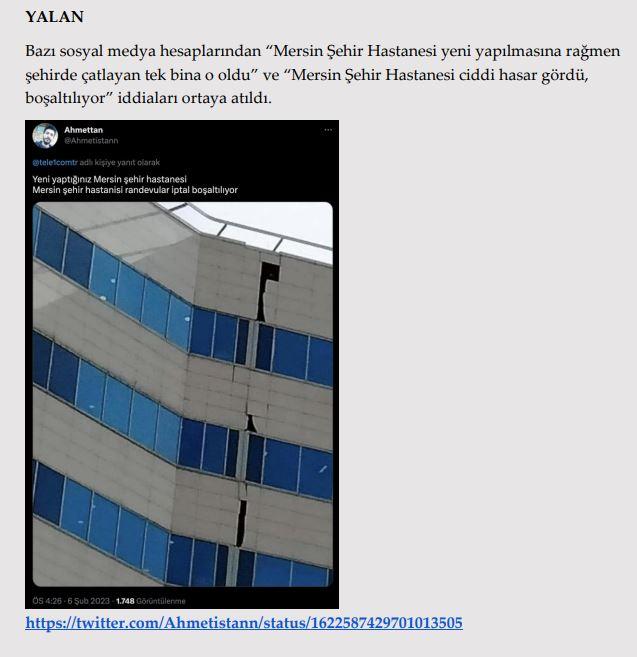 <p><strong>Depremde hasar gören Mersin Şehir Hastanesi boşaltılıyor.</strong></p>

<p><strong>GERÇEK </strong>Deprem nedeniyle Mersin Şehir Hastanesi’nin dış cephesindeki fayans kaplamalarında ufak tefek kırıklar meydana geldi. Hastane hizmet vermeye devam etti. Hasta kabulüyle ilgili herhangi bir sorun yaşanmadı, yatan hastaların odalarında tedavileri sürdü.<br />
Herhangi bir hasar veya tahliye söz konusu değildir.</p>

<p> </p>
