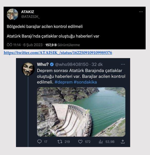 <p><strong>Deprem sonrası Atatürk Barajı’nda çatlaklar oluştu.</strong></p>

<p><strong>GERÇEK</strong> Cumhurbaşkanı Yardımcısı Fuat Oktay, depremin ardından yaptığı açıklamada tüm<br />
barajlarımızla alakalı bölgenin tamamının kontrolden geçirildiğini ve Malatya Sultansuyu Barajı dışında herhangi bir barajda sorun yaşanmadığını açıkladı. Şanlıurfa ve Malatya Valiliği ile Birecik Kaymakamlığı, resmi sosyal medya hesaplarından barajlarda herhangi bir sorun yaşanmadığını açıkladı.</p>
