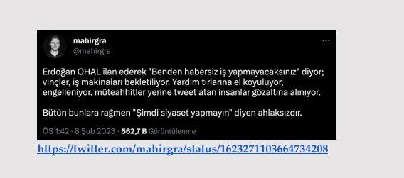 <p><strong>Afet bölgesine giden iş makineleri engelleniyor.</strong></p>

<p><strong>GERÇEK </strong>8 Şubat saat 22:00 itibariyle depremden etkilenen bölgelerde 5 bin 531 araç ve iş<br />
makinası, arama kurtarma çalışmalarında fiilen kullanılmaktaydı. Bölgedeki<br />
çalışmalara destek vermek için gelen bazı iş makinaları, plan ve koordinasyonun<br />
ardından yönlendirilmekteydi. Zira planlı hareket etmeyen araçlar, bölgedeki çalışmaları sekteye uğratacak trafik yoğunluğu ve karmaşaya neden olmaktaydı. Bir engelleme veya keyfi bekletme durumu söz konusu değildi.</p>

