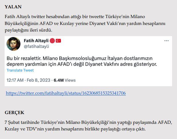 <p><strong>Milano Başkonsolosluğu, İtalyanların Diyanet Vakfı’na bağış göndermesini istedi.</strong></p>

<p><strong>GERÇEK</strong> 7 Şubat tarihinde Türkiye’nin Milano Büyükelçiliği’nin yaptığı paylaşımda AFAD, Kızılay ve TDV’nin yardım hesaplarını birlikte paylaştığı ortaya çıktı.</p>

