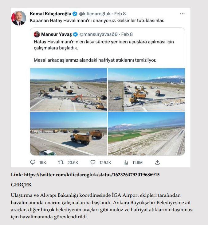 <p><strong>Hatay Havalimanı Ankara Büyükşehir Belediyesi tarafından onarılıyor.</strong></p>

<p><strong>GERÇEK</strong> Ulaştırma ve Altyapı Bakanlığı koordinesinde İGA Airport ekipleri tarafından<br />
havalimanında onarım çalışmalarına başlandı. Ankara Büyükşehir Belediyesine ait<br />
araçlar, diğer birçok belediyenin araçları gibi moloz ve hafriyat atıklarının taşınması için havalimanında görevlendirildi.</p>
