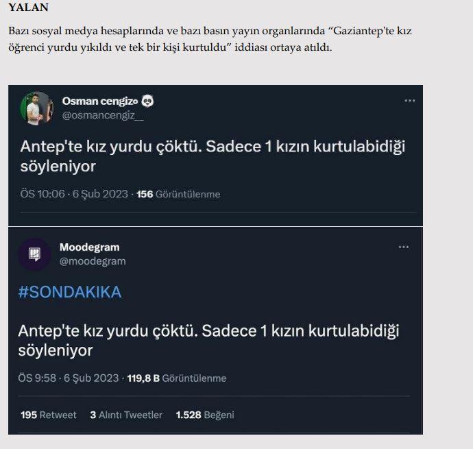 <p><strong>Gaziantep’te kız öğrenci yurdu yıkıldı ve tek bir kız kurtuldu.</strong></p>

<p><strong>GERÇEK</strong> Gaziantep’te herhangi bir öğrenci yurdu yıkılmamıştır. </p>
