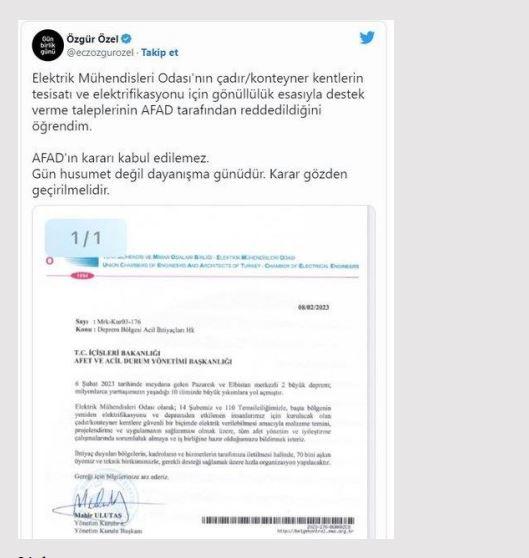 <p><strong>Elektrik Mühendisleri Odası’nın destek verme talebi AFAD tarafından reddedildi.</strong></p>

<p><strong>GERÇEK</strong> AFAD Başkanı Yunus Sezer: “Sayın vekilin iddialarını araştırdık, ancak ne öyle bir <br />
yazı, ne de bir talep var. Dünyanın karşılaştığı en büyük afetlerden birini yönetmek <br />
için çalışırken, bir de bu dezenformasyona zaman ayırmak zorunda kaldık. Şimdi işimizin başına dönüyoruz"</p>

<p> </p>
