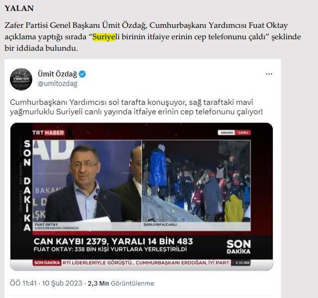 <p><strong>İtfaiye erinin telefonunu çalan Suriyeli.</strong></p>

<p><strong>GERÇEK</strong> Bu sosyal medya paylaşımıyla ilgili olarak yapılan araştırmada, haberin gerçeği <br />
yansıtmadığı, habere konu olan arama kurtarma çalışmasının 06.02.2023 günü saat 00:52 de İpekyol Mahallesi Osman Ağan Apartmanında gerçekleştirildiği, bahse konu çalışmalara katılan Şanlıurfa Büyükşehir Belediyesi İtfaiye Daire Başkanlığı ile  yapılan görüşmede personellerine ait herhangi bir çalınan telefonun olmadığı anlaşıldı.</p>
