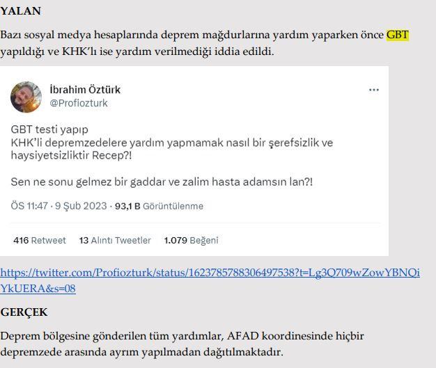 <p><strong>Deprem mağdurlarına yardım yapılmadan GBT yapılıyor.</strong></p>

<p><strong>GERÇEK </strong>Deprem bölgesine gönderilen tüm yardımlar, AFAD koordinesinde hiçbir depremzede arasında ayrım yapılmadan dağıtılmaktadır.</p>
