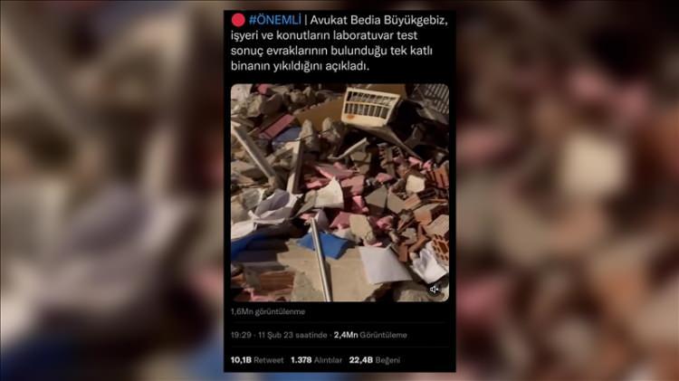 <p><strong>Hatay’da Yapı Denetim Müdürlüğü’nde evraklar yok edilmeye çalışılıyor.</strong></p>
<p><strong>GERÇEK</strong> Sosyal medyada yapılan evrakları yok etmek için binanın yıkıldığı iddiasıyla ilgili de bilgilendirmenin açıklamada yer aldığı tespit edildi. Bakanlık evrakları matbu olarak tutarken, bütün resmi yazışma ve raporların "Belgenet" üzerinden dijital ortama anlık olarak aktarıldığı bilgisi açıklamada ifade edildi. Ayrıca ek binada yer alan tüm evrakların diğer resmi evraklar gibi İl Müdürlüğü'nün arşivine taşınacağı ayrıntısı da açıklamada yer alan detaylardan. </p>