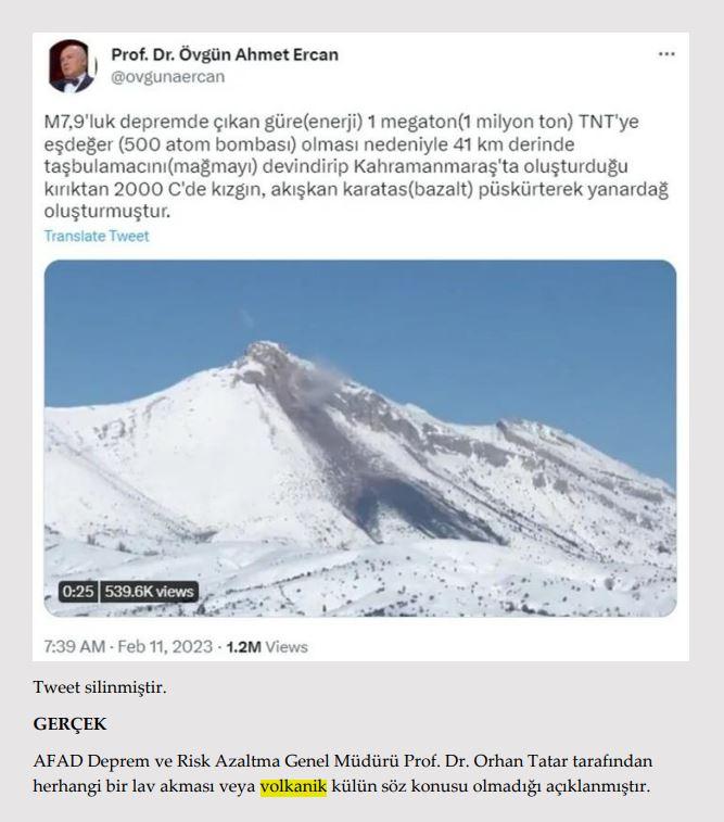 <p><strong>K.Maraş’ta volkanik hareketlilik var.</strong></p>

<p><strong>GERÇEK</strong> AFAD Deprem ve Risk Azaltma Genel Müdürü Prof. Dr. Orhan Tatar tarafından herhangi bir lav akması veya volkanik külün söz konusu olmadığı açıklanmıştır.</p>
