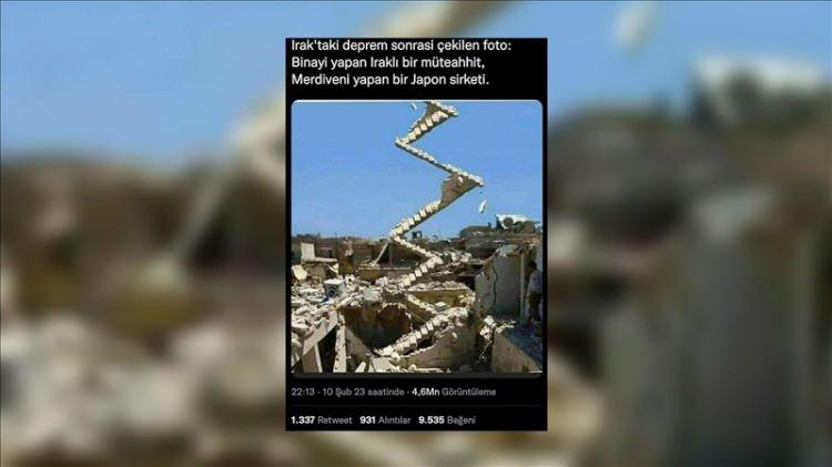 <p><strong>Binayı yapan Iraklı m&uuml;teahhit, merdiveni yapan Japon şirketi.</strong></p>

<p><strong>GER&Ccedil;EK</strong>&nbsp;G&ouml;nderide yer alan g&ouml;rseli Google Tersine Arama Y&ouml;ntemi ile tarattığımızda fotoğrafın orjinaline ulaşıldı. Fotoğraf 12 Ağustos 2013'te The Atlantic'te yayınlanan "War-torn syria Split into Three Regions" başlıklı makalede yer aldığı g&ouml;r&uuml;ld&uuml;.&nbsp;</p>
