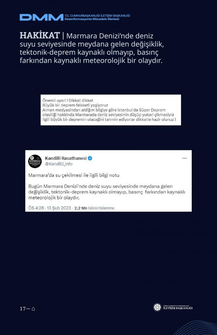 <p><strong>Marmara Denizi&rsquo;nde su seviyesindeki değişim İstanbul depreminin habercisi.</strong></p>

<p><strong>GER&Ccedil;EK</strong> Meydana gelen değişiklik, tektonik-deprem kaynaklı olmayıp, basın&ccedil; farkından kaynaklı meteorolojik bir olaydır.</p>
