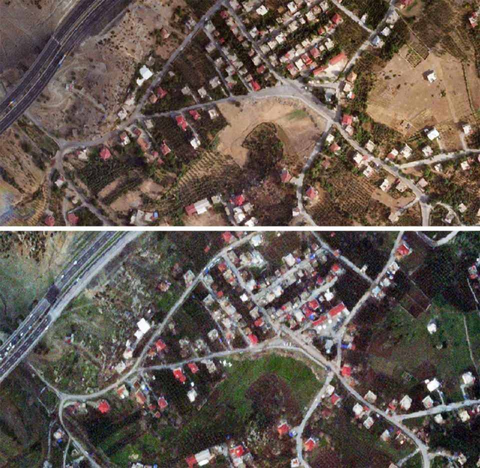 <p>Bir kez daha, farklı uydu fotoğraflarıyla görelim. Yine sol-sağ yaparak hızlıca iki kare arasında geçin. Not: Aradaki yeşillik farkının nedeni, sol karenin 1 Eylül 2022'den, sağ karenin 7 Şubat 2023'ten olması.</p>
<p> </p>