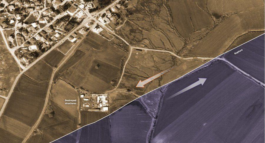 <p>Eğer göremediyseniz, değişim burada daha net gösteriliyor. Şimdi yukarıdaki fotoğraflara dönüp, yüzey kırığının oluştuğu yeri tekrar inceleyin.</p>
<p> </p>