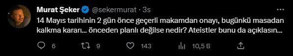 <p><strong>'İYİ PARTİ KENDİ FİŞİNİ ÇEKTİ'</strong></p>

<p>Ünlü oyuncu ve senarist Murat Şeker, İYİ Parti liderinin açıklamalarına sert tepki gösterdi. Şeker, "İYİ Parti kendi fişini çekti. Dün neden imza attın o zaman diye sorarlar kadına? 14 Mayıs tarihinin 2 gün önce geçerli makamdan onayı, bugünkü masadan kalkma kararı... önceden planlı değilse nedir? Ateistler bunu da açıklasın..." dedi.</p>
