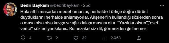 <p><strong>BEDRİ BAYKAM</strong></p>

<p><strong>"Hala altılı masadan medet umanlar, herhalde Türkçe doğru dürüst dyuguklarını anlamıyorlar. Akşener'in kullandığı sözlerden sonra o masa olsa kavga ve ağız dalaşı masası olur. "Yazıklar olsun", "Esef verici" sözleri yankılanır... Bu nezaketsiz dil, görmezden gelinemez"</strong></p>
