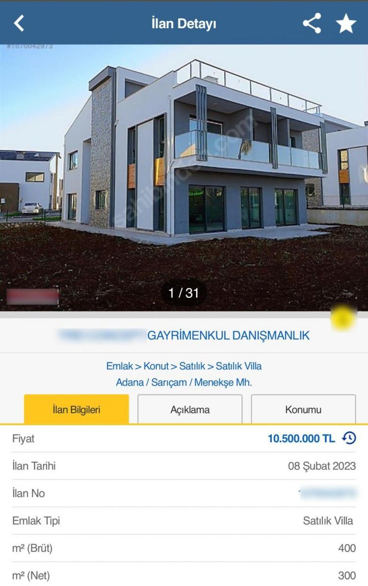 <p>Bir internet sitesi üzerinden merkez Sarıçam ilçesine bağlı Menekşe Mahallesi’nde ‘Stadyuma yakın 6+1 akıllı ev sistemli site içi lüks’ başlığıyla satışa sunulan 6+1 villaya 20 günde 3 milyon 500 bin lira zam yapılması pes dedirtti. </p>