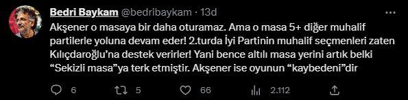 <p><strong>"Akşener o masaya bir daha oturamaz. Ama o masa 5+ diğer muhalif partilerle yoluna devam eder! İkinci turda İYİ Partinin muhalif seçmenleri zaten Kılıçdaroğlu'na destek verirler! Yani bence altılı masa yerini artık belki "Sekizli masa"ya terk etmiştir. Akşener ise oyunun "kaybedenidir"</strong></p>
