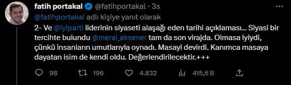 <p><strong>FATİH PORTAKAL</strong></p>

<p>"İYİ Parti liderinin siyaseti alaşağı eden tarihi açıklaması... Siyasi bir tercihte bulundu Meral Akşener. Tam da son virajda. Olmasa iyiydi, çünkü insanların umutlarıyla oynadı. Masayı devirdi. Kanımca masaya dayaytan isim de kendi oldu. Değerlendirilecektir."</p>
