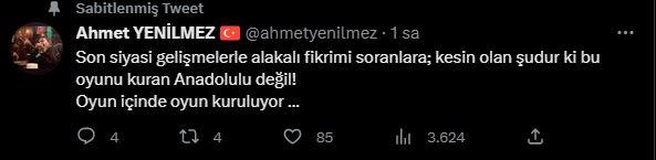 <p><strong>AHMET YENİLMEZ</strong></p>

<p> </p>

<p><strong>"Son siyasi gelişmelerle alakalı fikrimi soranlara; kesin olan şudur ki bu oyunu kuran Anadolulu değil! Oyun içinde oyun kuruluyor..."</strong></p>
