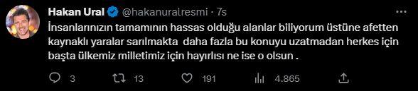 <p><strong>HAKAN URAL</strong></p>

<p><strong>"İnsanların tamamının hassas olduğu alanlar biliyorum üstüne afetten kaynaklı yaalar sarılmakta daha faza bu konuyu uzatmadan herkes için başta ülkemiz milettimiz için hayırlısı ne ise o olsun."</strong></p>
