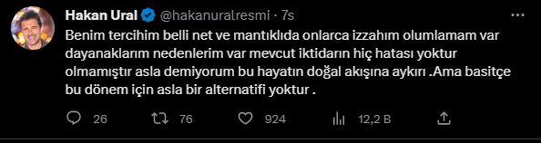 <p><strong>HAKAN URAL</strong></p>

<p>"Benim tercihim belli ve net. Mantıklı onlarca izahım, olumlamam, dayanaklarım, nedenlerim var. Mevcut ikdidarın hiç hatası yoktur olmamıştır asla demiyorum. Bu, hayatın doğal akışına aykırı. Ama basitçe bu dönem için asla bir alternatif yoktur."</p>
