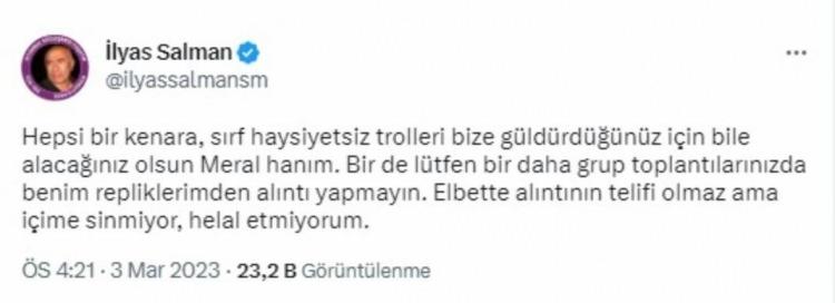 <p><span style="color:#800000"><strong>"HELAL ETMİYORUM"</strong></span></p>
<p><span style="color:#000000"><strong>Usta sanatçı İlyas Salman, "Hepsi bir kenara, sırf haysiyetsiz trolleri bize güldürdüğünüz için bile alacağınız olsun Meral hanım. Bir de lütfen bir daha grup toplantılarınızda benim repliklerimden alıntı yapmayın. Elbette alıntının telifi olmaz ama içime sinmiyor, helal etmiyorum" notunu paylaştı.</strong></span></p>