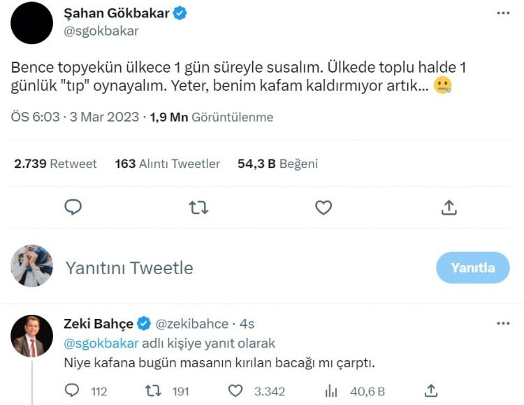 <p><span style="color:#800000"><strong>"YETER BENİM KAFAM KALDIRMIYOR ARTIK"</strong></span></p>

<p><span style="color:#000000"><strong>Oyuncu Şahan Gökbakar, </strong></span><span style="color:#800000"><strong>"Bence topyekün ülkece 1 gün süreyle susalım. Ülkede toplu halde "tıp" oynayalım. Yeter, benim kafam kaldırmıyor artık"</strong></span><span style="color:#000000"><strong> ifadelerini kullandı. Gökbakar'ın paylaşımına yazar Zeki Bahçe'den gelen çarpıcı yorum, Twitter gündemine oturdu. </strong></span></p>
