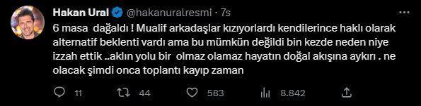 <p><span style="color:#000000"><strong>HAKAN URAL</strong></span></p>

<p><span style="color:#000000"><strong>"6 masa dağıldı! Muhalif arkadaşlar kızıyorlardı kendilerince haklı olarak laternatif bekleti vardı ama bu mümkün değildi bin kezdde neden niye izah ettik. Aklın yolu bir olmaz olamaz hayatın doğal akışına aykırı. Ne olacak şimdi onca toplantı kayıp zaman"</strong></span></p>
