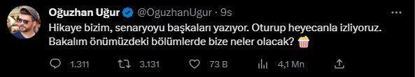 <p><span style="color:#800000"><strong>OĞUZHAN UĞUR</strong></span></p>

<p><span style="color:#800000"><strong>"Hikaye bizim, senaryoyu başkaları yazıyor. Oturup heyecanla izliyoruz. Bakalım önümüzdeki bölümlerde bize neler olacak?"</strong></span></p>
