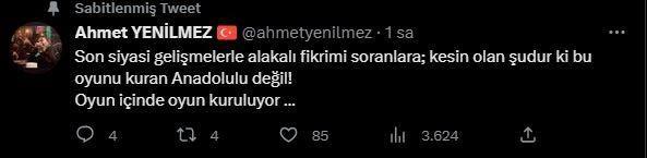 <p><strong><span style="color:#800000">AHMET YENİLMEZ</span></strong></p>

<p><strong><span style="color:#800000">"Son siyasi gelişmelerle alakalı fikrimi soranlara; kesin olan şudur ki bu oyunu kuran Anadolulu değil! Oyun içinde oyun kuruluyor..."</span></strong></p>
