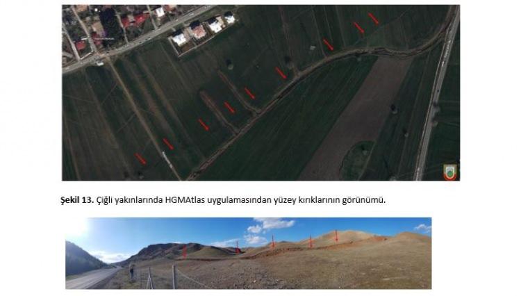<p>Gücüksu’dan Ericek Mahallesi`ne kadar belirgin bir yüzey kırık izi gözlenemedi. Ericek güneyinde, Esendere Vadisi içinde takip edilebilmeye başlanan kırık üzerinde 1.8 metre sol yanal ötelenme ölçüldü. Kırık Karadut, Doluuşağı köyleri ile Kurtlu Tepe güney sırtlarını takip ederek Kandil Baraj Gölü içerisinden Çiftlikkale Köyüne kadar kesintisiz devam etti. Kırığın baraj gölünün güneyindeki asfalt yolu kestiği lokasyonda gravitasyonel yenilmelerin de eklenmesi sebebiyle yer değiştirme miktarı ölçülemedi.</p>