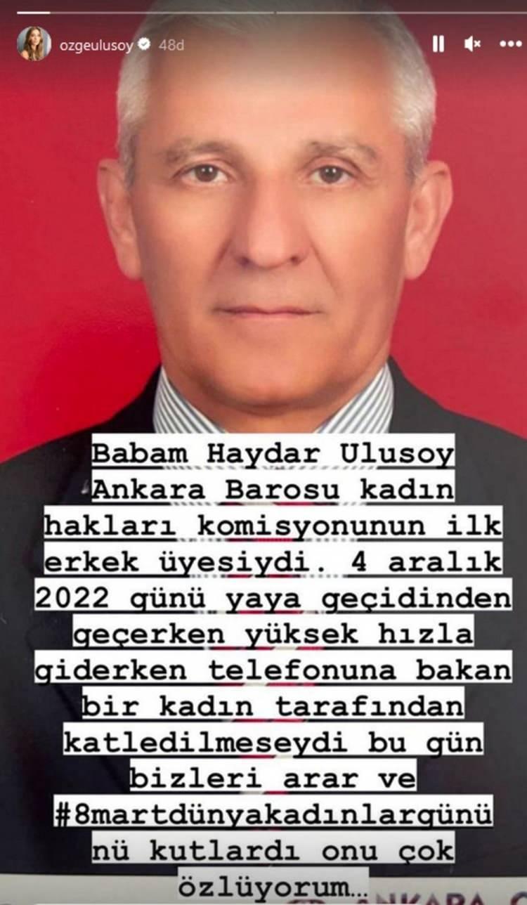 <p><strong><span style="color:#B22222">ÖZGE ULUSOY</span><br />
"Babam Haydar Ulusoy, Ankara Barosu Kadın Hakları Komisyonu'nun ilk erkek üyesiydi. 4 Aralık 2022 günü yaya geçidinden geçerken, yüksek hızla giderken telefonuna bakan bir kadın tarafından katledilmeseydi bugün bizleri arar ve 8 Mart Dünya Kadınlar Günü'nü kutlardı. Onu çok özlüyorum..."</strong></p>