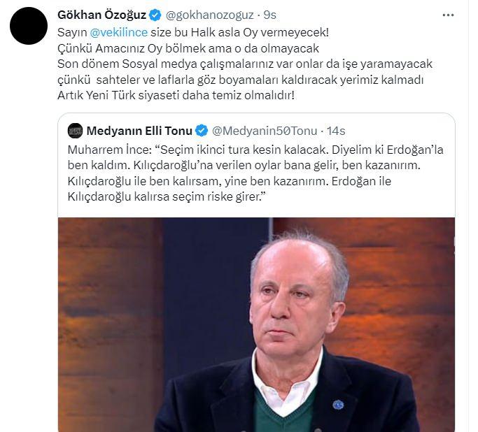 <p><span style="color:#000000"><strong>Uzun bir süredir sanatçı kimliğinin yanı sıra siyasi yorumlarıyla ön plana çıkan Özoğuz, Twitter hesabından paylaşımda bulunarak "Sayın İnce, size bu halk asla oy vermeyecek! Çünkü amacınız oy bölmek ama o da olmayacak." dedi.</strong></span></p>