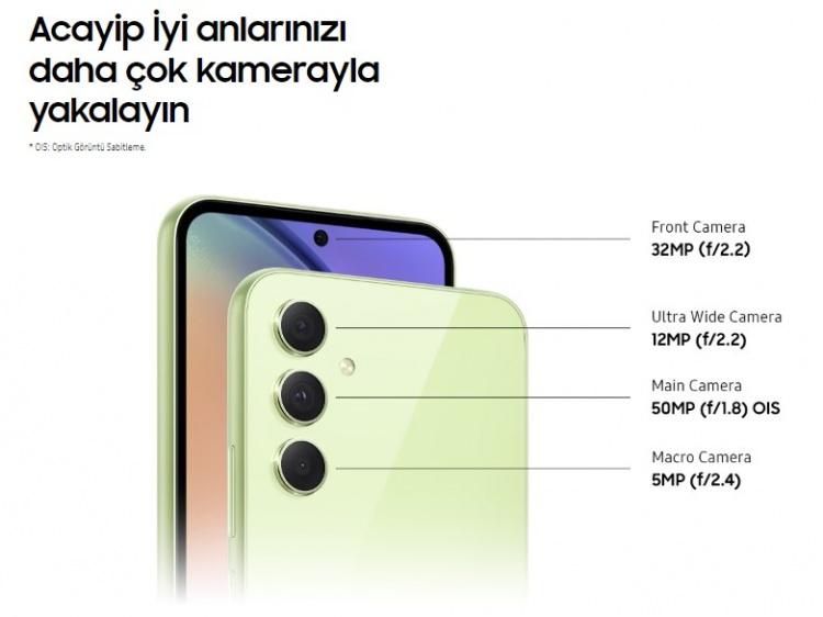 <p>Samsung Galaxy A54, OIS destekli 50 MP bir kameraya sahip. Hemen bu kameranın yanında ise 12 MP ultra geniş açılı kamera ve 5 MP makro bir kamera yer alıyor. Ön kamerası ise 32 MP (f/2.2) özelliğine sahip.</p>
