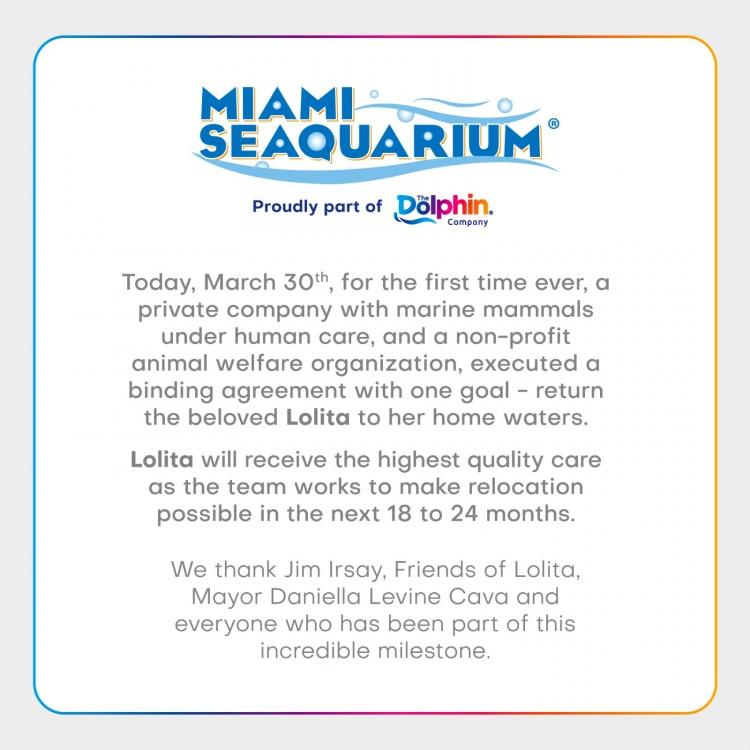 <p>Miami Seaquarium’u geçen sene satın alan Dolphin Şirketi, tarihte ilk defa su parkı yöneten bir özel şirketin hayvan refahı için çalışan bir sivil toplum kuruluşuyla anlaşma yaparak Lolita’nın doğal ortamına dönmesi için çalışacağını belirtti.</p>
