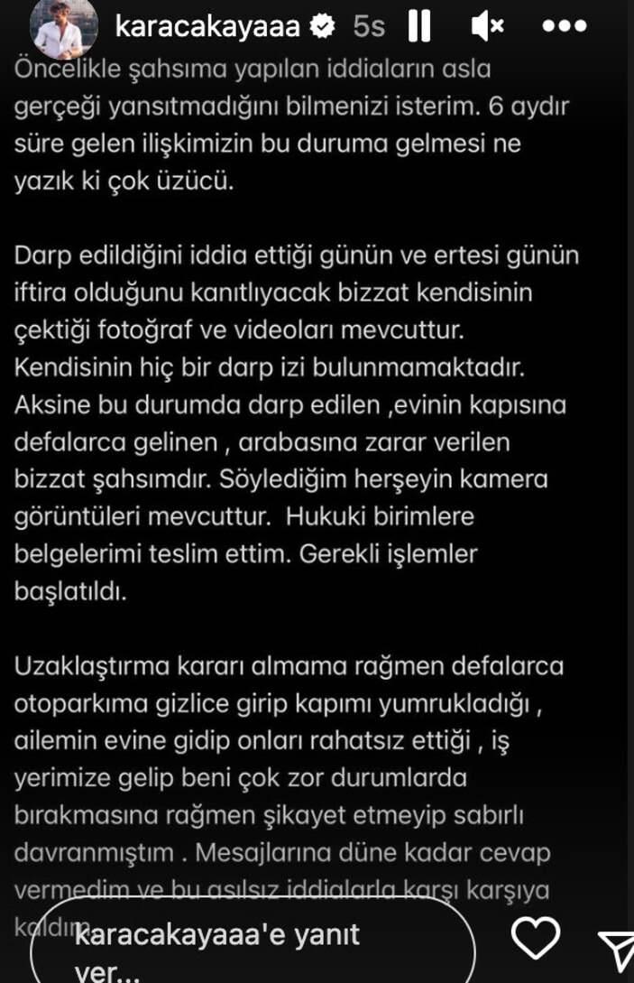 <p><span style="color:#B22222"><strong>"Öncelikle şahsıma yapılan iddiaların asla gerçeği yansıtmadığını bilmenizi isterim. 6 aydır süre gelen ilişkimizin bu duruma gelmesi ne yazık ki çok üzücü. Darp edildiğini iddia ettiği günün ve ertesi günün iftira olduğunu kanıtlıyacak bizzat kendisinin çektiği fotoğraf ve videoları mevcuttur. Kendisinin hiç bir darp izi bulunmamaktadır. Aksine bu durumda darp edilen, evinin kapısına defalarca gelinen, arabasına zarar verilen bizzat şahsımdır.</strong></span></p>