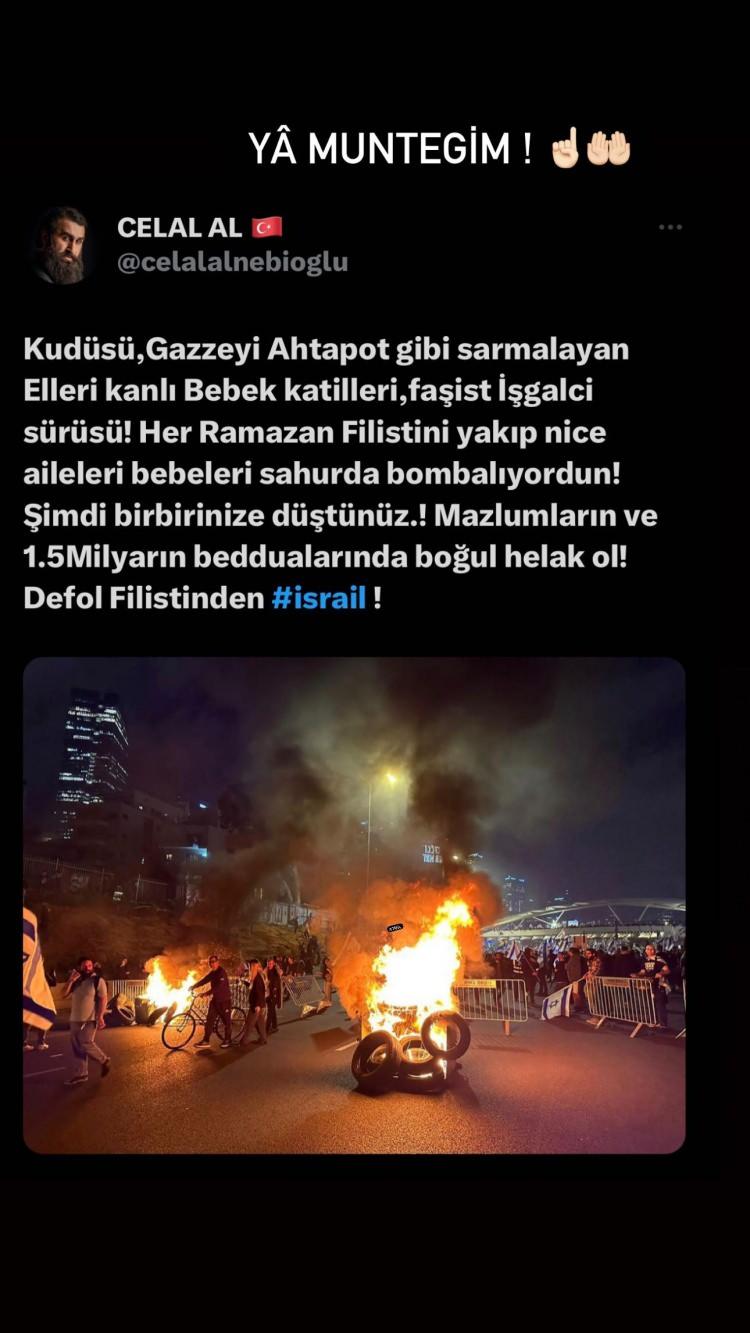 <p><em><span style="color:#8B4513"><strong>"Kudüs'ü, Gazze'yi ahtapot gibi sarmalayan, elleri kanlı bebek katilleri, faşist işgalci sürüsü! Her Ramazan Filistin'i yakıp nice aileleri bebeleri sahurda bombalıyordun! Şimdi birbirinize düştünüz. Mazlumların ve 1,5 milyarın beddualarında boğul, helak ol! Defol Filistin'den İsrail."</strong></span></em></p>