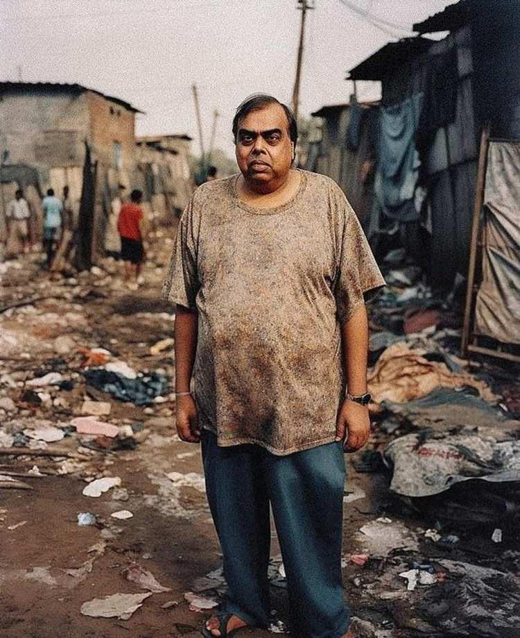 <p><strong>Dünyanın en zenginleri arasında yer alan Hint milyarder Ambani her zamanki takım elbisesi yerine eski, yıkanmamış gibi görünen büyük beden tişörtü ve mavi pantolonuyla bir çöplüğün yanında resmedildi.</strong></p>
