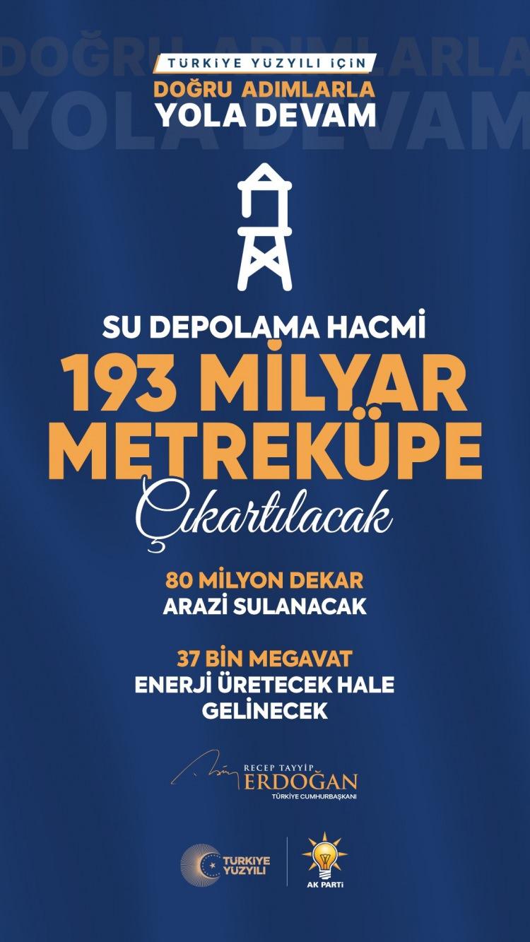 <p>Su depolama hacmimizi 193 milyar metreküpe çıkartarak 80 milyon dekar araziyi sulayacak, 37 bin megavat enerji üretecek hale geleceğiz. </p>