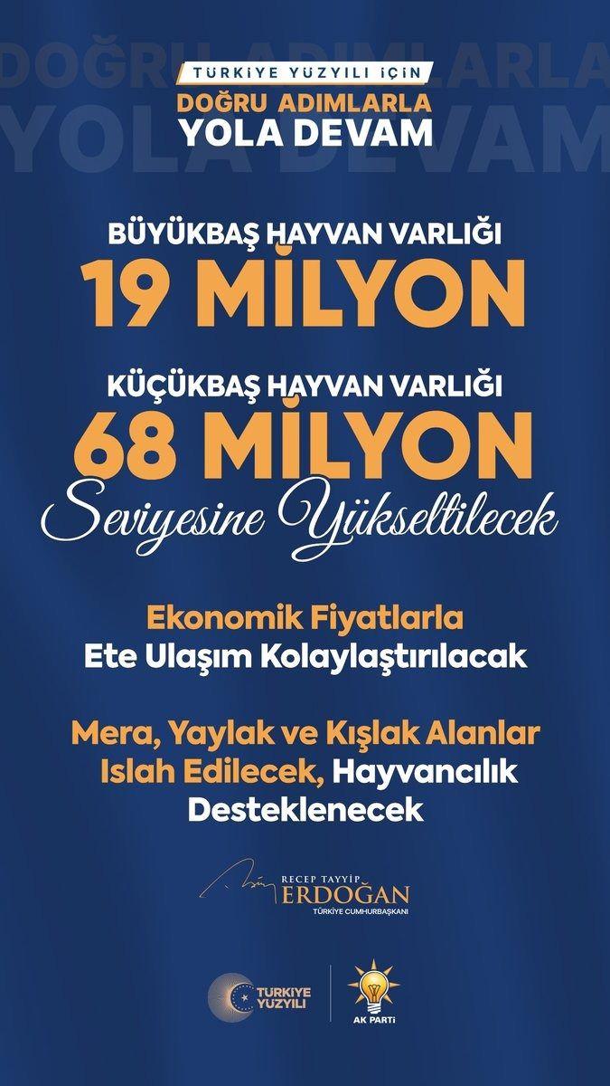 <p>Büyükbaş hayvan varlığımızı 19 milyona, küçükbaş hayvan varlığımızı 68 milyona çıkartarak vatandaşlarımızın ekonomik fiyatlarla ete erişimini kolaylaştıracağız.</p>
