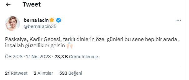 <p><span style="color:#000000"><strong>Kadir Gecesi'nin anlamını idrak edemeyen Berna Laçin ise "Paskalya, Kadir Gecesi, farklı dinlerin özel günleri bu sene hep bir arada, inşallah güzellikler getirsin" şeklinde paylaşım yaptı. </strong></span></p>
