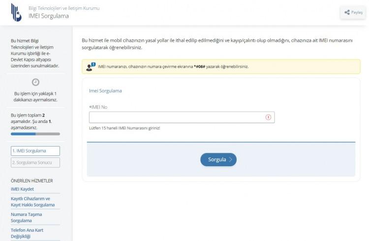 <p>E-DEVLET IMEI KAYDI AŞAMALARI</p>

<p><br />
|  BTK IMEI kayıt hakkı sorgulama sitesine girerek, yurtdışı telefon kayıt hakkınız olup olmadığını öğrenin.</p>

<p><br />
|  Bankalar, vergi daireleri veya sisteme entegre ödeme kuruluşlarına harç ücretini yatırın. (T.C. kimlik numaranız ve cihazın IMEI numarası yazmalı)</p>
