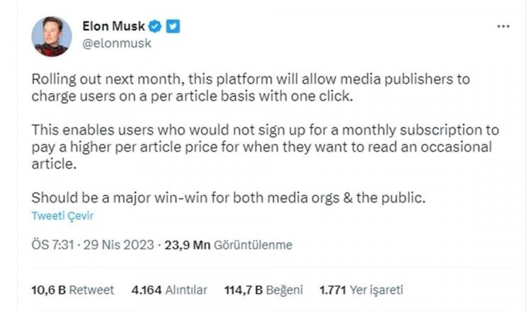 <p>Milyarder iş insanı, Twitter hesabından gelecek Mayıs ayında kullanıma sunulacak olan özelliğin, "aylık abonelik için kayıt olmayan kullanıcıların ara sıra bir makale okumak istediklerinde haber başına daha yüksek bir ücret ödemelerini" sağlayacağını açıkladı.</p>