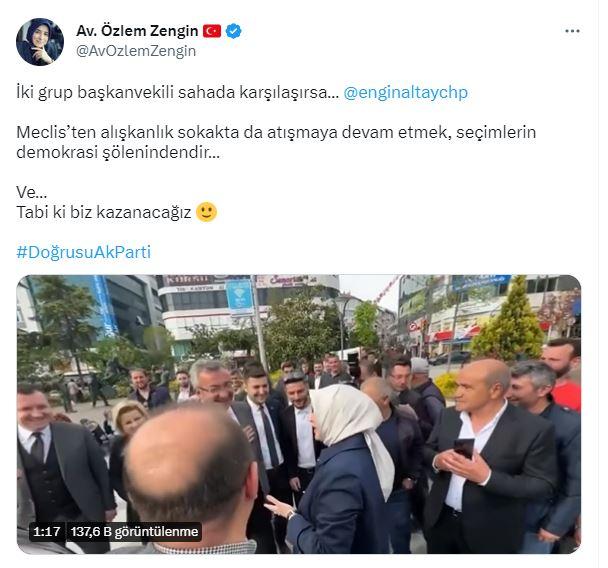 <p><span style="color:#000000"><strong>Renkli görüntüleri "İki grup başkanvekili sahada karşılaşırsa…" notuyla sosyal medya hesabından paylaşan AK Parti Grup Başkanvekili Özlem Zengin, Altay'ı etiketleyerek "Meclis’ten alışkanlık sokakta da atışmaya devam etmek, seçimlerin demokrasi şölenindendir ve tabii ki biz kazanacağız." ifadelerini kullandı.</strong></span></p>
