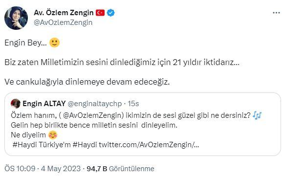 <p><span style="color:#000000"><strong>Altay'ın yorumunu yanıtsız bırakmayan Özlem Hanım, "Engin Bey… Biz zaten Milletimizin sesini dinlediğimiz için 21 yıldır iktidarız… Ve can kulağıyla dinlemeye devam edeceğiz." şeklinde paylaşımda bulundu.</strong></span></p>
