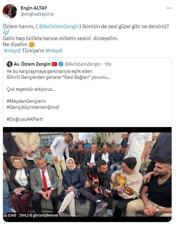 <p><span style="color:#000000"><strong>Zengin'in paylaşımını alıntılayan Altay ise "Özlem hanım, ikimizin de sesi güzel gibi ne dersiniz? Gelin hep birlikte bence milletin sesini dinleyelim. Ne diyelim #Haydi Türkiye'm #Haydi" karşılığını verdi.</strong></span></p>
