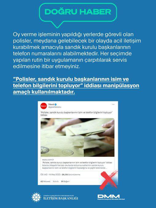 <p>Oy verme işleminin yapıldığı yerlerde görevli olan polisler, meydana gelebilecek bir olayda acil iletişim kurabilmek amacıyla sandık kurulu başkanlarının telefon numaralarını alabilmektedir.</p>

<p>Her seçimdeki rutin bir uygulamanın çarpıtılarak servis edilmesine itibar etmeyiniz.</p>
