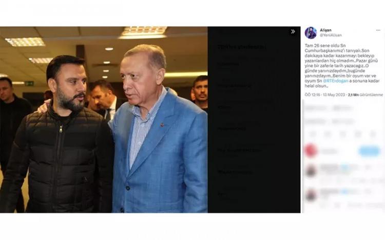 <p><strong>“PAZAR GÜNÜ YİNE BİR ZAFERLE TARİH YAZACAĞIZ” </strong></p>

<p>Cumhur İttifakı'nın adayı Recep Tayyip Erdoğan'a destek verdiğini söyleyen şarkıcı Alişan Twitter hesabından paylaştığı fotoğrafa şu notu düştü: “Tam 26 sene oldu Sn Cumhurbaşkanımız’ı tanıyalı. Son dakikaya kadar kazanmayı bekleyip yazanlardan hiç olmadım. Pazar günü yine bir zaferle tarih yazacağız. O gün de yanınızdaydım, bugün de yanınızdayım. Benim bir oyum var ve oyum Sn @RTErdogan’a sonuna kadar helal olsun.”</p>

