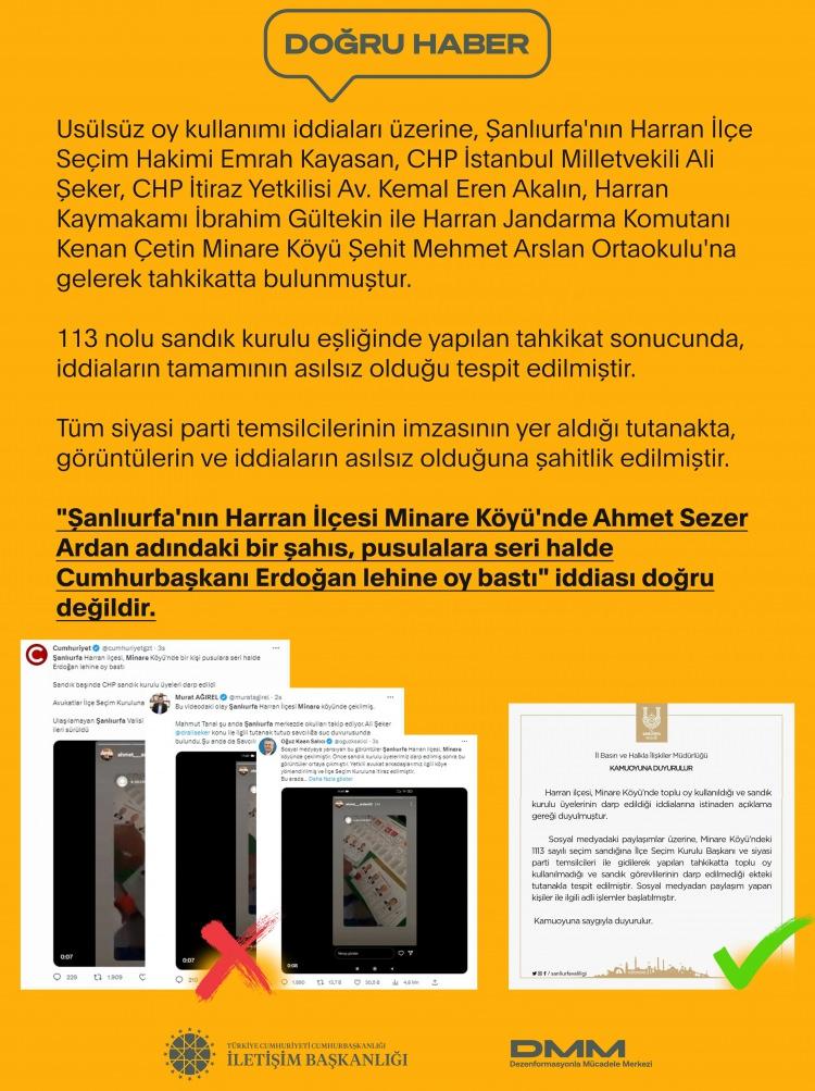 <p>"Şanlıurfa'da bir şahıs, pusulara seri halde Cumhurbaşkanı Erdoğan lehine oy bastı" iddiası doğru değildir.</p>

<p>İddiaya konu okuldaki sandıkta yapılan tahkikat sonrası hazırlanan tutanakta, tüm siyasi parti temsilcileri iddiaların asılsız olduğuna şahitlik etmiştir.</p>

